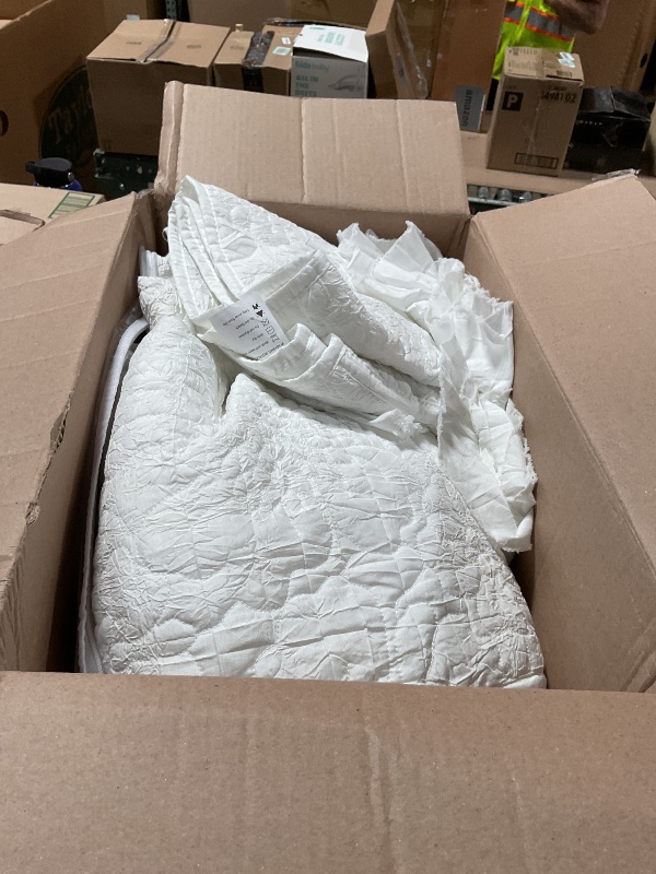 Photo 1 of ***HAS MATERIAL DAMAGE (RIP)*** Lady Ann Cream White Oversized King Quilt Set, Stone-Washed Ruffle Oversized King Bedspreads 120x120 for Bed, Lightweight 3 PCS Shabby Quilted Crinkled Coverlet Farmhouse Rustic Bedding Set All Season