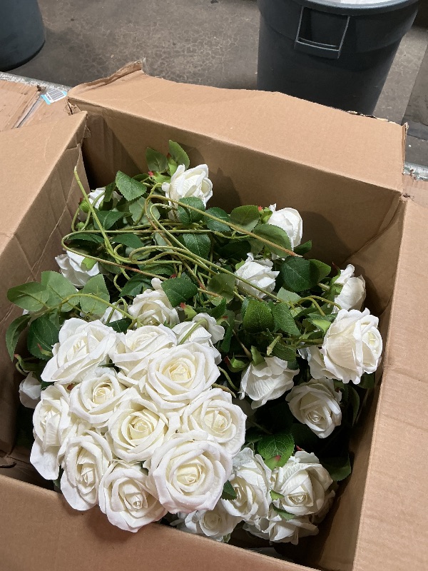 Photo 1 of 100 Pcs White Roses Artificial Flowers, Real Touch Velvet Roses Bouquet Fake Flowers Bulk, Artificial Roses with Long Stems for Birthday Gift Women Mom DIY Bridal Wedding Centerpiece Decorations