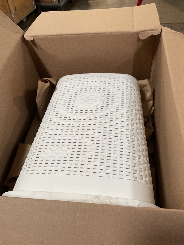 Photo 1 of ***USED/DIRTY**Mind Reader Slim Laundry Hamper with Lid, 50L Clothes Basket, Premium Wicker Design, Plastic, White