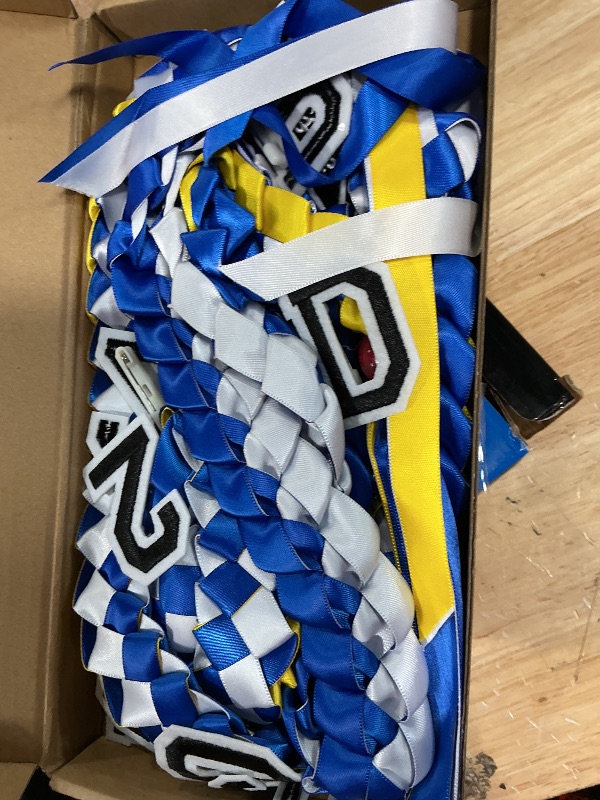 Photo 1 of 2026 Graduation Lei Double Braided Strands Graduation Ribbon Leis with 4 Satin Flowers Congrats Grad Leis Class of 2026 Gifts (Blue Gold White)