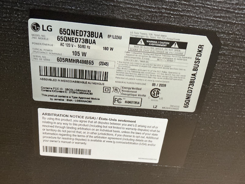 Photo 1 of *** MISSING POWER CORD CANNOT TEST can be used for parts ***LG Amazon Exclusive 65-Inch Class QNED AI 4K QNED73 Series Mini LED Smart TV w/AI Sound Pro, HDR10, AI 4K Super Upscaling, Filmmaker Mode, Wow Orchestra, Compatible with Alexa (65QNED73BUA, 2026)