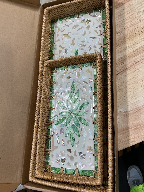 Photo 1 of 2 Pack Rattan Bathroom Vanity Tray with Mother of Pearl Inlay, Toilet Tank Tray, Toilet Basket Tank Topper, Bathroom Basket for Organizing and Decor (Green Leaves)