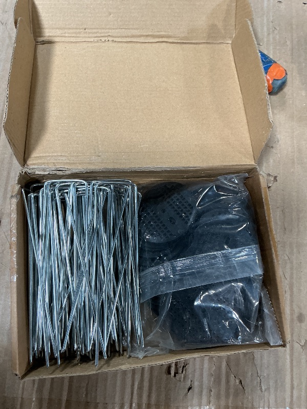 Photo 1 of 100 Pcs Garden Stakes Landscape Staples Set, 6 Inch 11 Gauge Heavy Duty Galvanized 50 U-Shaped Pins with 50 Gaskets for Weed Barrier Fabric, Grass Sod, Artificial Turf & Yard Landscaping