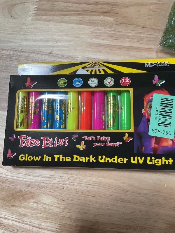 Photo 1 of 12 PCS Glow Face Body Paint, Glow In The Dark Under UV Black Light Sticks Makeup Neon Face Painting Kits for Adult Halloween Festival Accessory Glow Party Supplies