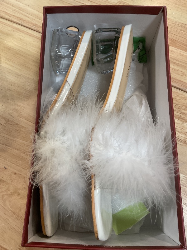 Photo 1 of ***HEAVILY USED/DIRTY*** Heiyom Women's Square Toe Heeled Sandals Low Block Chunky Heels Clear Mules Fluffy Feather Slip on Wedding Bridal Party Dress Shoes White 44 US10.5