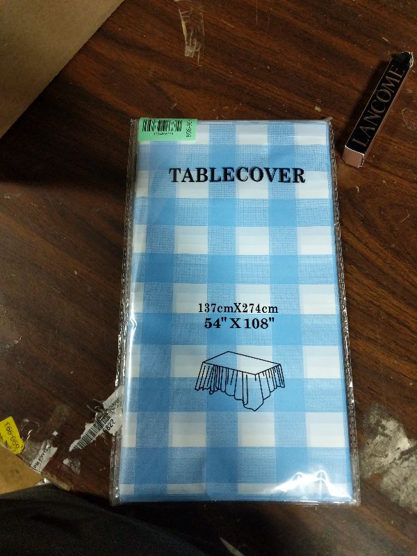 Photo 1 of 2 Pack Light Blue Gingham Tablecloth Rectangular Pale Blue and White Checkered Tablecloths Disposable Plastic Plaid Table Cover for Parties, Outdoor Picnic, Birthday, Wedding, Camping 54 × 108 Inch