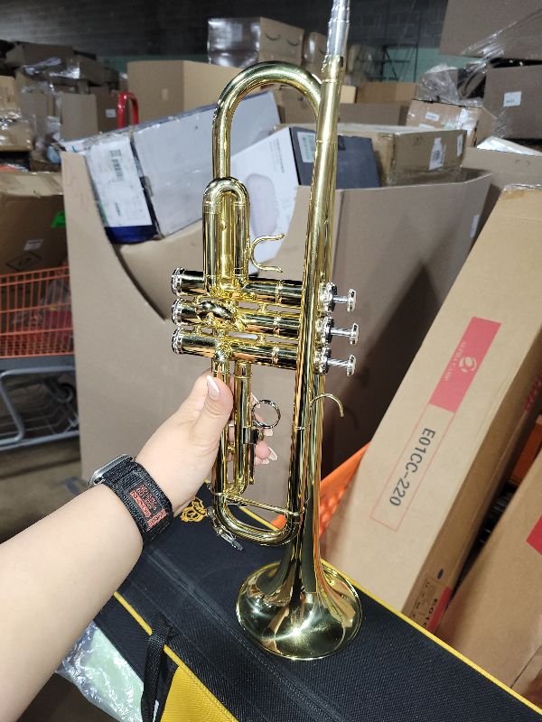 Photo 1 of  Standard Trumpet Set for Beginner or Advanced Student, Brass Student Trumpet Instrument with Hard Case, Cleaning Kit, 7C Mouthpiece and Gloves (Gold)