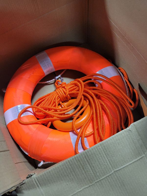 Photo 1 of 20 Inch Pool Safety Foam Life Preserver Throw Ring, Outdoor Throwable Flotation Device Boat Safety Equipment with 30 Meter Floating Lifesaving Rope, Safety Hook, Grip Ring and Reflective Tape
