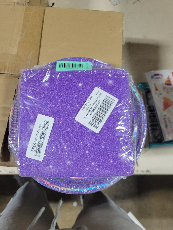 Photo 1 of 100Pcs Purple Glitter Party Decorations Demon Purple Sparkling Holographic Laser Paper Plates Napkins Disposable Tableware Set for Hunters Birthday Wedding Disco Bachelorette Party Supplies Serves 25