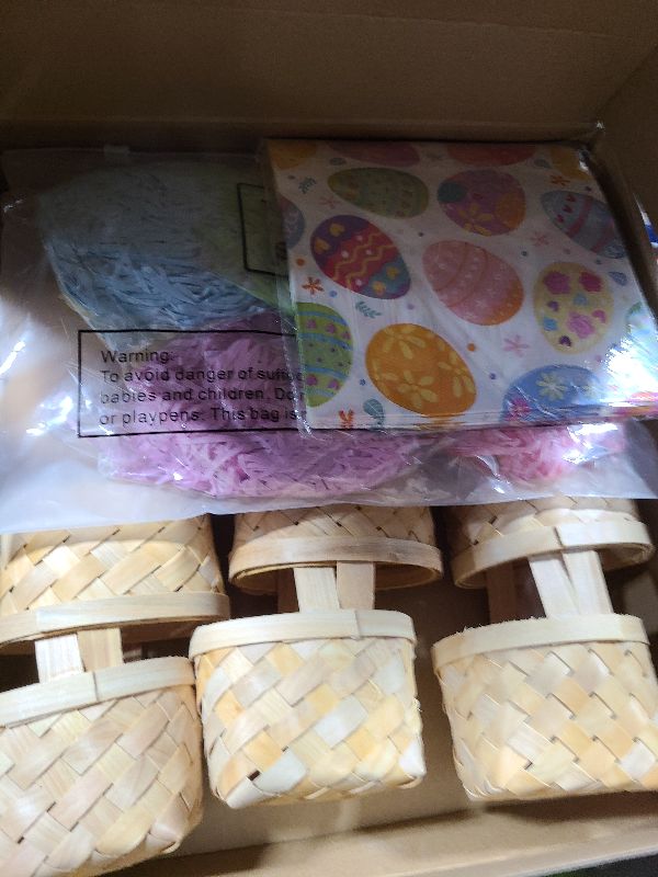 Photo 1 of 12 Pcs Mini Easter Basket Small Woven Picnic Baskets with Rabbit Egg Napkin and Raffia Grass Easter Party Favor Supplies for Bunny Party Favors Spring DIY Crafts Decorations