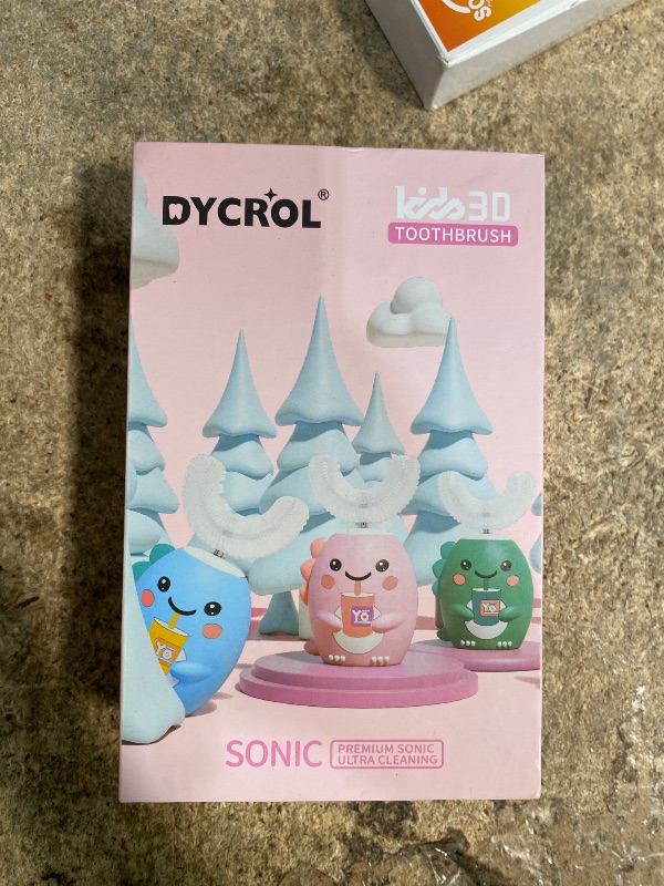Photo 1 of (pre-opened, missing 1 head charger cord) DYCROL Kids U Shaped Electric Toothbrush with 4 Brush Heads, Sonic Toothbrush Kids with 5 Modes, Cartoon Dinosaur 360-Degree Cleaning IPX7 Waterproof Design (6-12 Age (Pink))