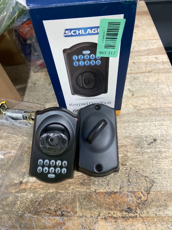 Photo 1 of ***MISSING PIECES/HARDWARE*** Schlage Camelot Electronic Keypad Deadbolt Lock, Keyless Front Door Entry, Mechanical Key Backup Included, Aged Bronze, BE365 V CAM 716