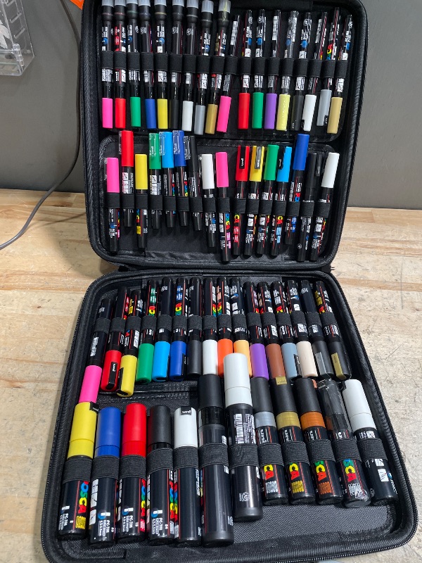Photo 1 of ****USED SOME ARE DRIED OUT **** Posca Exclusive Acrylic Paint Markers Gift Set of 62 with Case, Great for Kids and Adults, For Coloring Decorations, Canvas, Glass or Wood, Includes 350, 1MR, 1M, 3M, 5M, 7M, 8K, & 17K