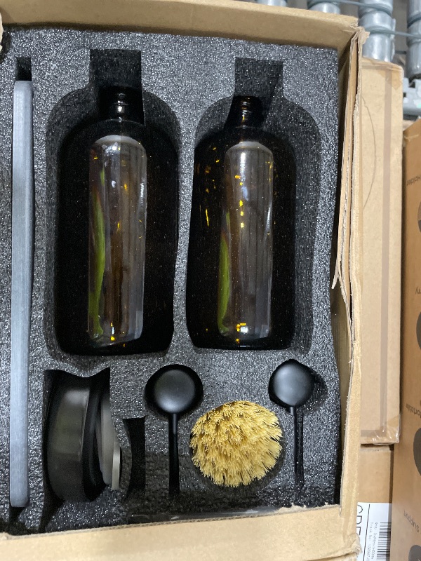 Photo 1 of [Luxury] Kitchen Soap Dispenser Set - 16OZ Amber Glass Bottle, Stainless Steel Pump, Instant Dry Tray, Waterproof Labels, Non-Slip Silicone Pad, and Dish Brush | Upgrade for Your Kitchen and Bathroom