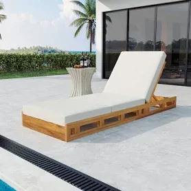 Photo 1 of ** stock photo for reference ** Wood Outdoor Chaise Lounge with Adjustable Backrest and Beige Cushions