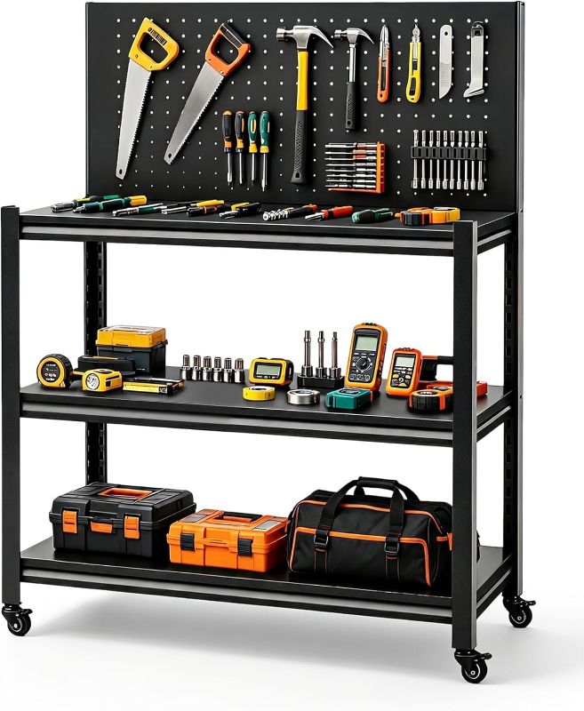 Photo 1 of **STOCK PHOTO FOR REFERENCE ONLY** Rolling Work Table, Adjustable Height Workbench with Lockable Wheels, Pegboard, Heavy Duty Mobile Work Bench for Garage, Tool Workshop, Woodworking and Mechanics