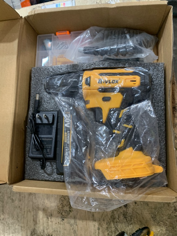Photo 1 of **FOR PARTS ONLY, DOESNT GET ANY POWER TO IT** 20V Cordless Drill Set,Electric Power Drill Cordless,Power Drill Drivers | Electric Screwdriver - 2.0Ah Batteries, 30Nm?21+1 Torque,2 Speed, Built-in LED,Kit for Home, Yellow