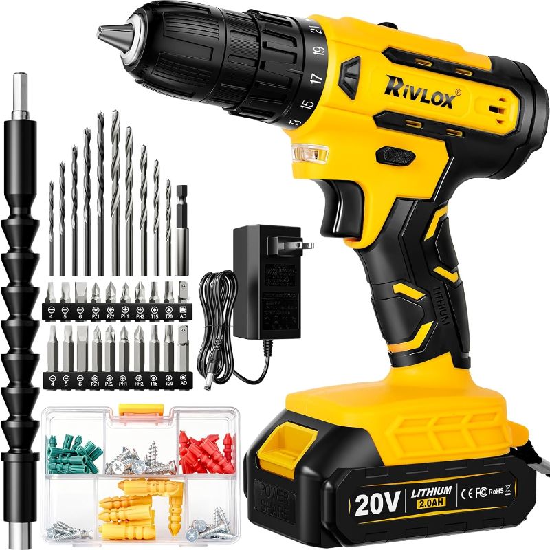 Photo 1 of **FOR PARTS ONLY, DOESNT GET ANY POWER TO IT** 20V Cordless Drill Set,Electric Power Drill Cordless,Power Drill Drivers | Electric Screwdriver - 2.0Ah Batteries, 30Nm?21+1 Torque,2 Speed, Built-in LED,Kit for Home, Yellow
