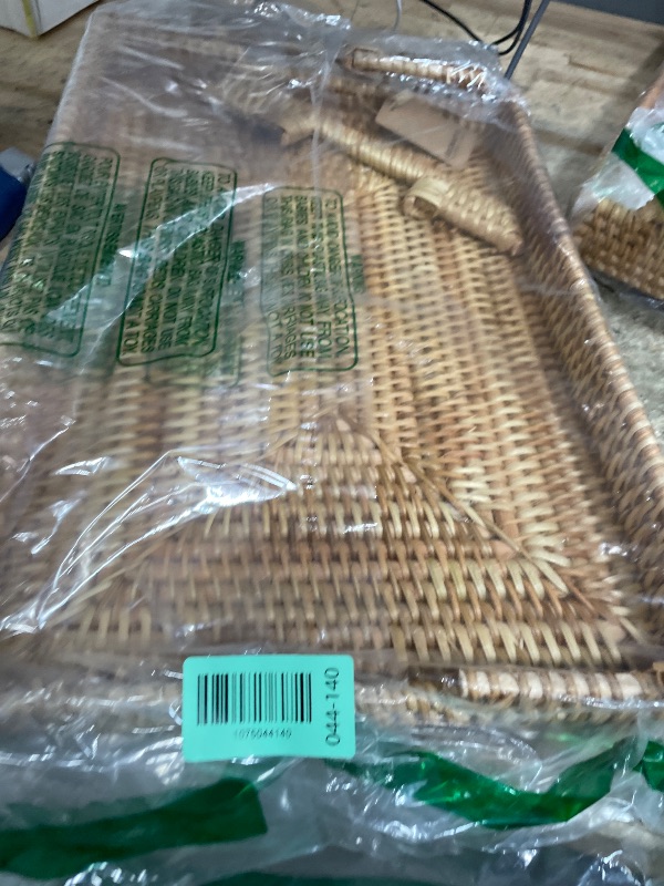 Photo 1 of ***DAMAGED***Hand-Woven Rattan Rectangular Serving Tray with Handles for Breakfast, Drinks, Snack for Coffee Table (17x11.4x1.8inches)