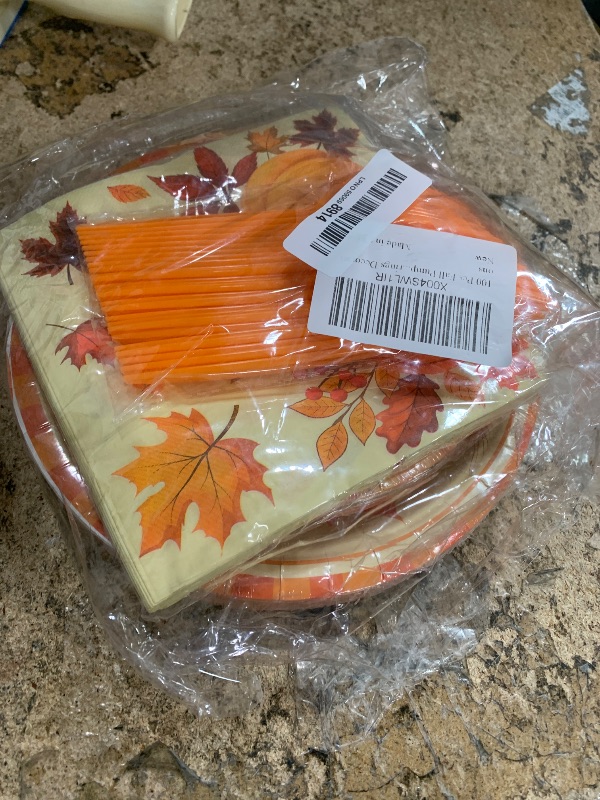 Photo 1 of 100 Pcs Fall Pumpkin Leaves Tableware Party Supplies Set, Serves 25 – Disposable Autumn Harvest Paper Plates, Napkins, and Forks, Thanksgiving Day Dinnerware for Friendsgiving Gatherings Decorations