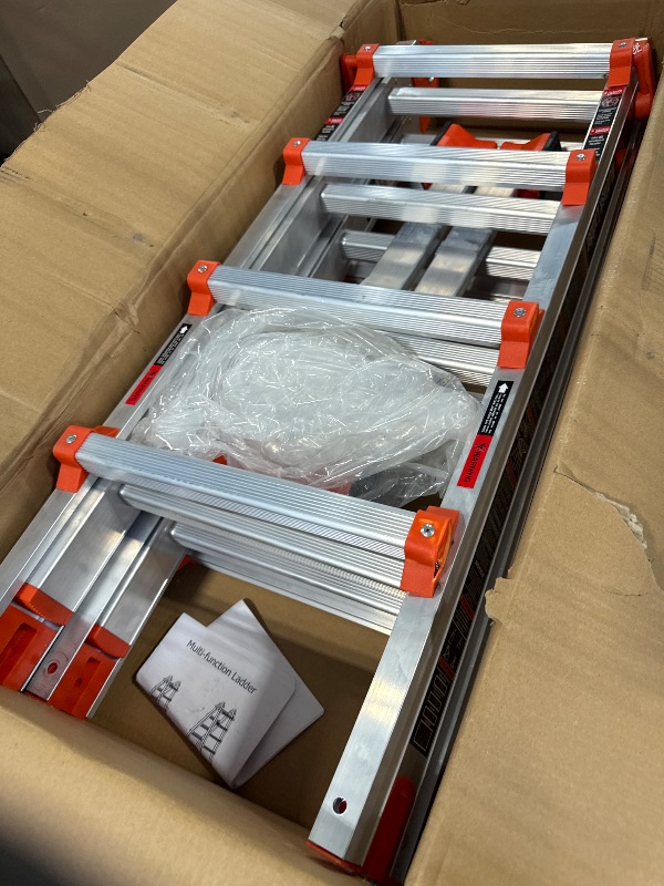 Photo 1 of *** LADDER IS BENT *** LANBITOU Ladder, A Frame 4 Step Ladder Extension, 14 FT Anti-Slip Multi Position & Storage Folding Ladder, 330 lbs Security Load Telescoping Aluminum Ladders for Stairs Home Indoor Outdoor Roof