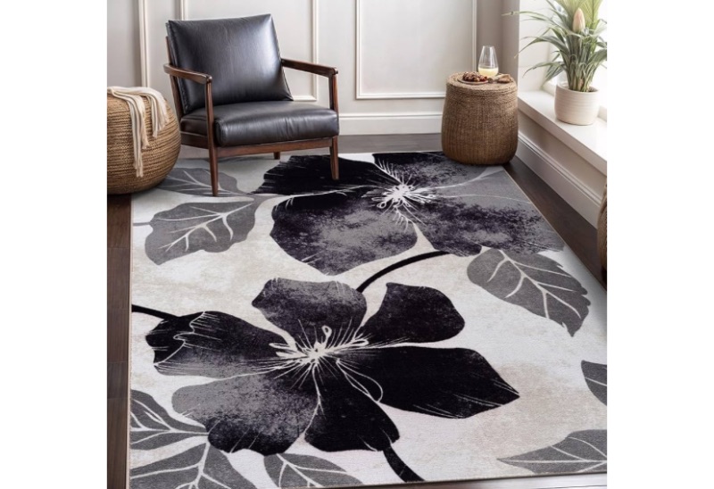 Photo 1 of ** SIMILAR IMAGE***CAMILSON Solana Modern Floral 5x7 Area Rugs Non-Skid (Non-Slip) Rubber Backing Black and White Flowers Indoor Rug (5x7, Black White)