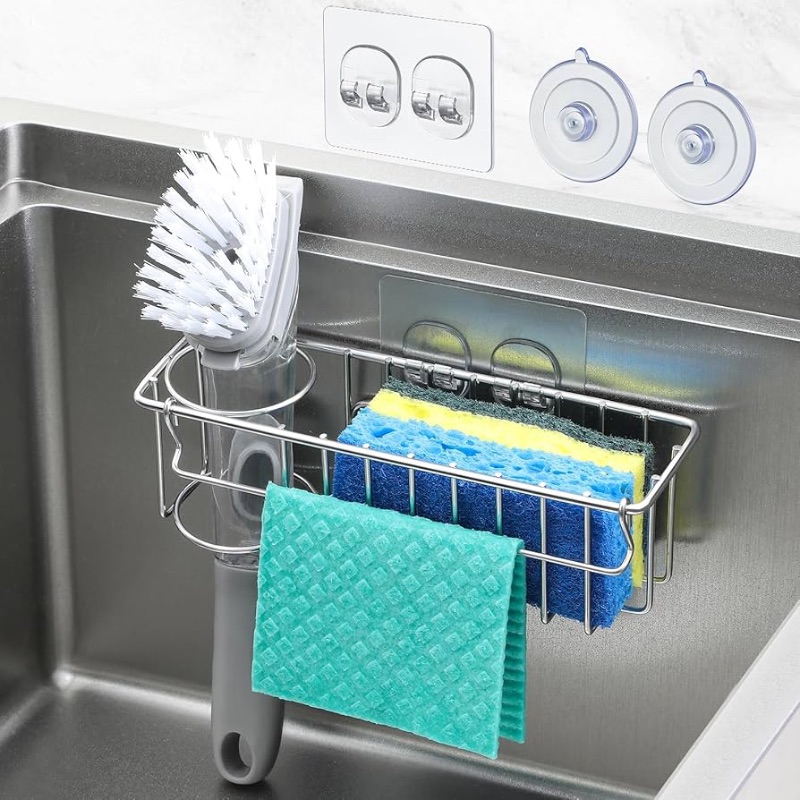 Photo 1 of ***MISSING MOUNTING HARDWARE*** 3-In-1 Sponge Holder for Kitchen Sink with Suction Cups & Adhesive Hook , In-sink Sponge Holder, Wall Hanging Sink Caddy Organizer Rack - Sponge, Dish Cloth, Brush, Scrubber - 304 Stainless Steel***MISSING MOUNTING HARDWARE