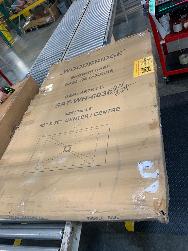 Photo 1 of ****FACTORY SEALED***
WOODBRIDGE 60" L x 36" W Zero-Threshold Shower Base for Wheelchair Access, Low-Profile Non-Slip Design with Center Drain, Matching Decorative Drain Plate and Tile Flange, White