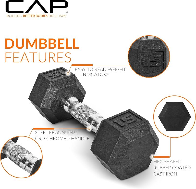 Photo 1 of ** Weights only, the rack is not included** CAP 150 LB Rubber Coated Hex Dumbbell Hand Weight Set with Vertical Storage Rack - Chrome Handle | Black Rack