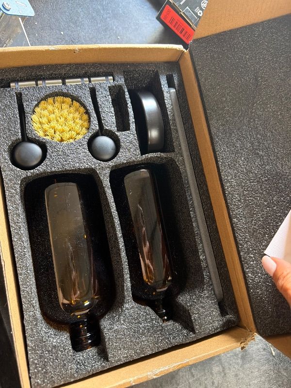 Photo 1 of [Luxury] Kitchen Soap Dispenser Set - 16OZ Amber Glass Bottle, Stainless Steel Pump, Instant Dry Tray, Waterproof Labels, Non-Slip Silicone Pad, and Dish Brush | Upgrade for Your Kitchen and Bathroom