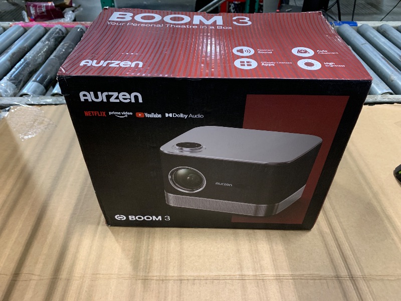 Photo 1 of *** NO REMOTE CONTROL / HDMI CABLE *** 3-in-1 Projector 4K Supported, AURZEN BOOM 3 Smart Projector with WiFi and Bluetooth, 3D DoIby Audio & 36W Speakers, Auto Focus & Keystone, Built in NetfIix App 500 ANSI Home Outdoor proyector, Black