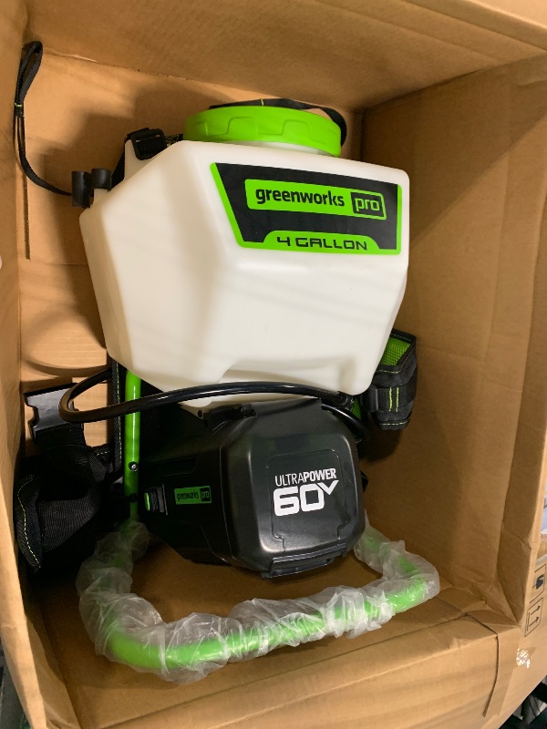 Photo 1 of ***MISSING BATTERY AND CHARGER*** Greenworks 60V 4 Gallon Battery Powered Backpack Sprayer with 5 Tips, 70PSI - Weed Killer, Pest Control & Lawn/Garden, High-Pressure for Home & Commercial Use, 2.0Ah Battery and Charger Included