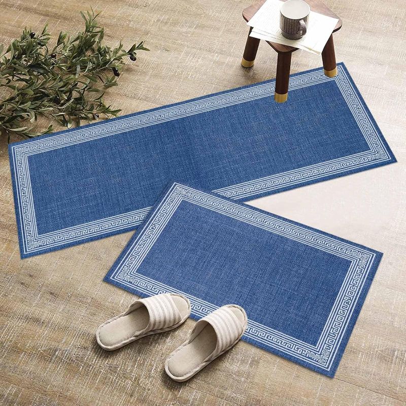 Photo 1 of *** SIMILAR MODEL *** Kitchen Rugs and Mats Set of 2,Vintage Key Design Navy Blue Slip-Proof Floor Mat Cushioned Doormat Greece Inspired Stripe Area Runner Rug for Kitchen,Bathroom,Living Room,Entryway Decor