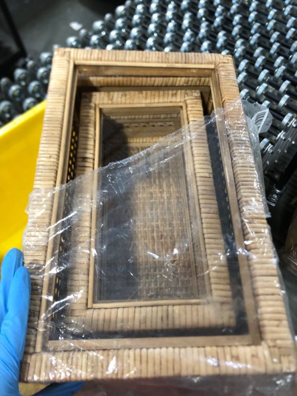 Photo 1 of ** SOLD AS IS, NO REFUND/RETURN** SEE COMMENTS!
BOMINGHOME Rattan Display Box for Home Decor with Lid - Rectangular Coastal Bohemian Style Stackable Decorative Storage Box Set - Handmade from Natural Rattan, Cedar & Real Glass