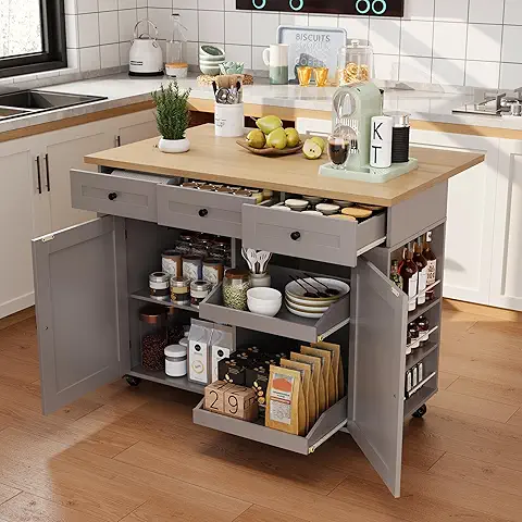 Photo 1 of ***FINAL SALE, NO RETURN*** MISSING PARTS, DAMAGE***IDEALHOUSE Rolling Kitchen Island with Drop Leaf Countertop, Charging Station & Ample Storage - 47.2" Mobile Kitchen Cart On Wheels with Pull-Out Shelves, Drawers, Spice Rack & Organizer Divider