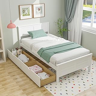 Photo 1 of ***SIMILAR**
Modern Twin Bed Frame With 2 Drawers, Twin Size Bed with White High Gloss Headboard and Footboard, White + Light Oak Color