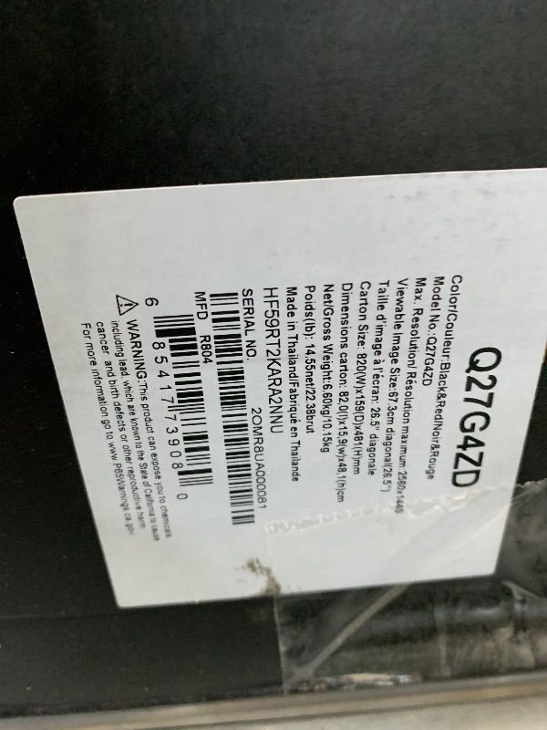 Photo 1 of **USED - MINOR DAMAGE**
AOC Q27G4ZD 27" QD OLED Gaming Monitor, QHD 2560 x 1440, 240Hz 0.03ms, HDMI 2.0 x2, Display Port x2, G-Sync Compatible, Console Gaming Ready, 3-Year Zero-Bright-Dot