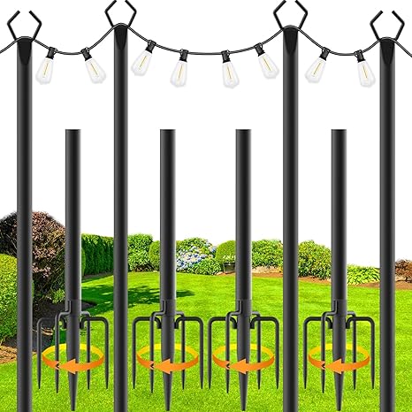 Photo 1 of  zoegi 4 Pack 10Ft String Light Poles,Light Poles for Outside Lights with Fork,Outdoor Brackets Hanging Lights,Metal Stand for Deck Patio,Backyard,Wedding,Deck,Party