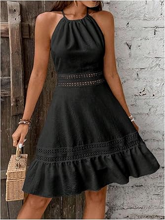 Photo 1 of **ZIPPER IS DAMAGED**
SweatyRocks Women's Ruffle Backless Lace Dress Halter Sleeveless Summer Dresses