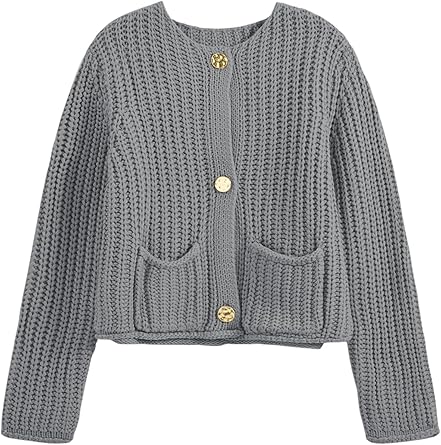 Photo 1 of **COLOR IS TAUPE-NOT GREY*** Saodimallsu Womens Button Up Sweaters Fall Chunky Knit Cropped Trendy Crewneck Loose Cardigan with Pockets Taupe MEDIUM
