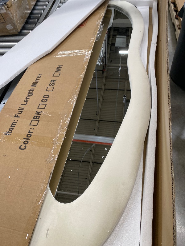 Photo 1 of **CUT IN MATERIAL/HAS SOME SPOTS**FlyEcho Full Length Mirror, 63"x24" Full Body Mirrors, Flannel Floor Mirrors with Stand, Irregular Wavy Mirror Hanging or Leaning Against Wall for Bedroom Living Room, Beige