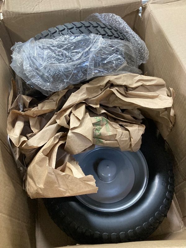 Photo 1 of ***MISSING PIECES -SELLING AS IS *** AR-PRO (2-Pack) 15x6.00-6 Flat Free Tire and Wheel, Solid Lawn Mower Front Tires with 3" Centered Hub,  Compatible with Riding Mower Lawn Tractor