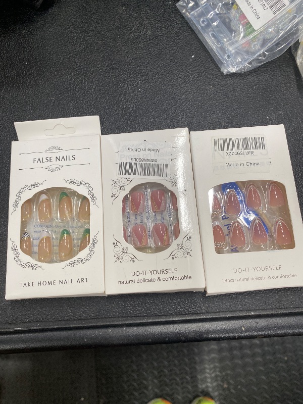 Photo 1 of **3 PACKS OF DIFFERENT NAILS**French Tip Press on Nails Medium Almond Fake Nails Glossy Glue on Nails with Gold Line Glitters Designs Zebra Print Green Nail Tips False Nails Acrylic Artificial Nails Stick on Nails for Women Girls