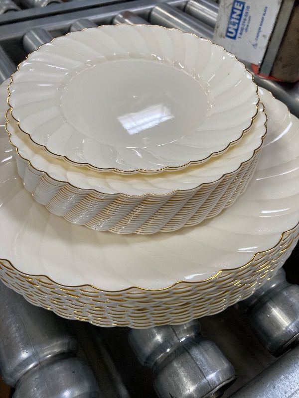 View 3 of **ONLY PLATES/MISSING PARTS***YOUBET 125PCS Scalloped Plastic Plates - Ivory Scalloped Disposable Plates - Gold Plastic Dinnerware Set Include 50 Plates, 75 Gold Silverware for Party & Wedding