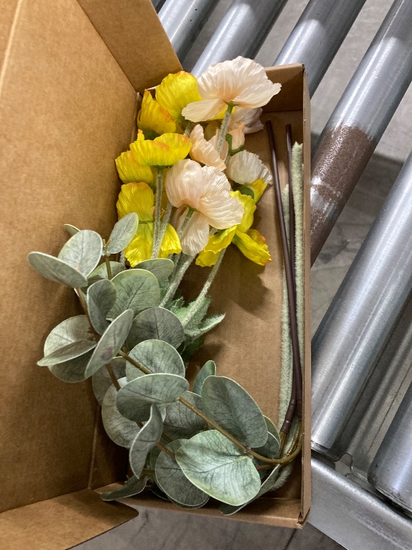 View 2 of **only flowers, see the second photo**QenyiHPD Poppy Artificial Flowers and Eucalyptus Stems, Fake White Yellow Stems for Vase, Silk Flowers Arrangement for Wedding Party Farmhouse Home Office Table Centerpieces Decorations