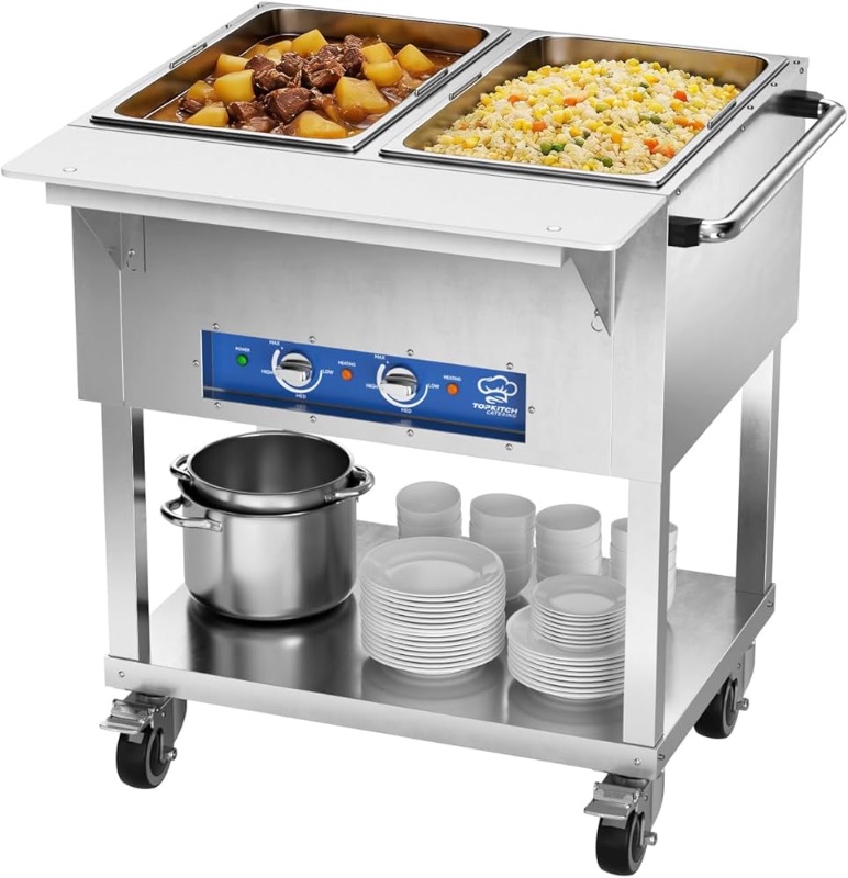 Photo 1 of TOPKITCH 2-Pan Commercial Food Warmer, Electric Steam Table with Independent Temperature Control, 120V 1000W Stainless Steel Buffet Catering Food Warmer with Undershelf and Workspace, for Restaurant.
