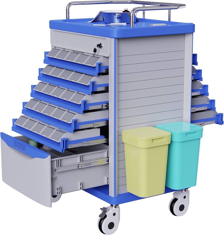 Photo 1 of Medication Bins Cart with 200 Bins and Drawer - Dual-Sided Open, 50 Medicine Boxes, Silent Casters, Movable Container, 2 Trash Bin-Medical Crash Cart for Clinic, Hospital and Lab, Factory
