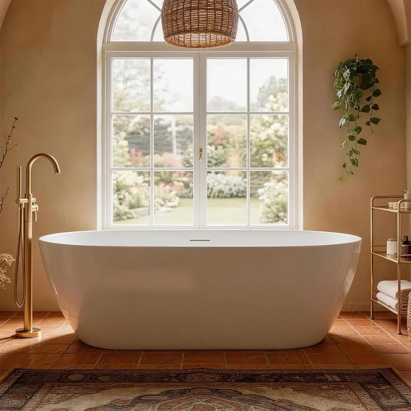 Photo 1 of 67" Freestanding Bathtub, Modern Oval Acrylic Soaking Tub with Overflow & Shower Function, Deep Standalone Tub with cUPC Certification, Double-Walled Insulation, (White 67Inch)