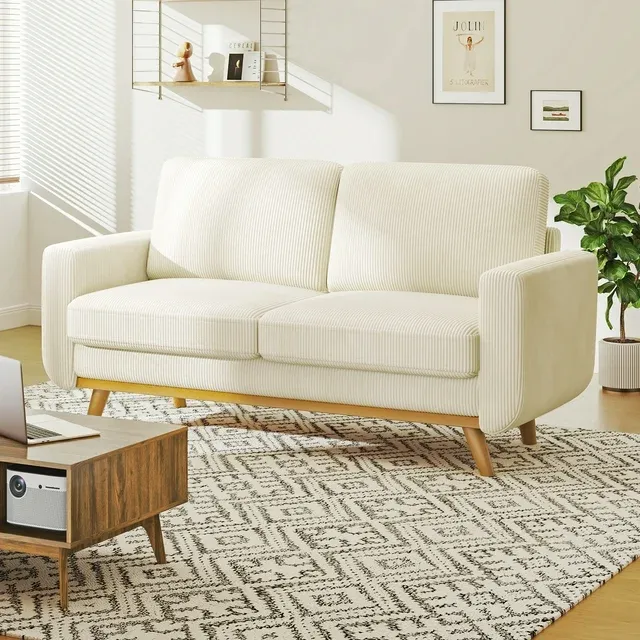 Photo 1 of Neche 68" Corduroy Sofa for Living Room, 2 Seater Cream Couch for Small Space Office, Comfy Loveseat in a Box, Beige