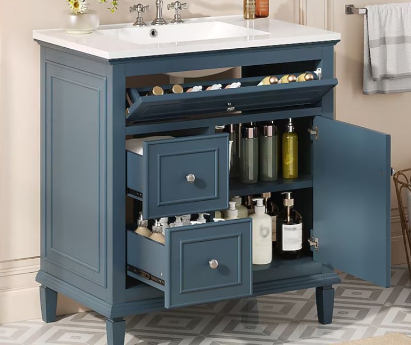 Photo 1 of LOVMOR 30 Inch Bathroom Vanity with Sink Bathroom Vanity Cabinet with One Flip Drawer and Two Drawers Adjustable Shelf Solid Wood and MDF Blue Gray
